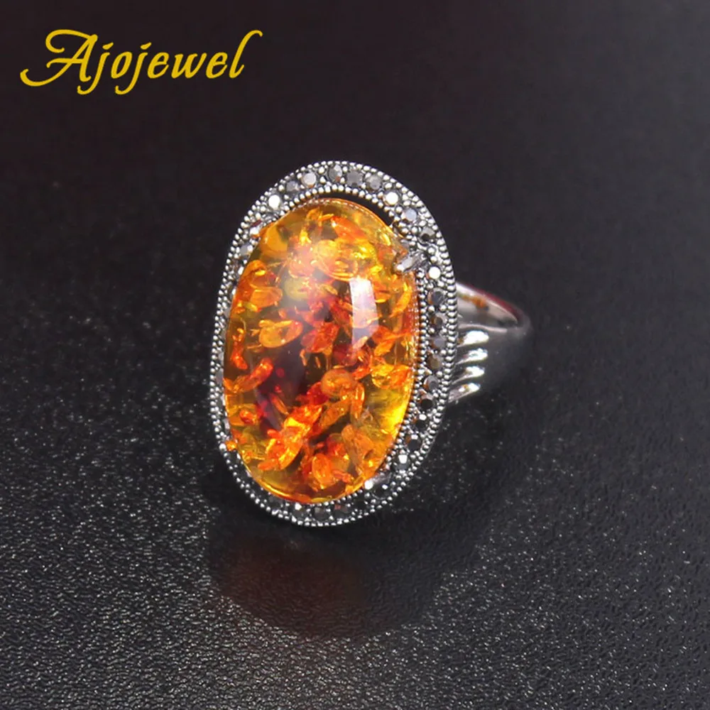 Ajojewel Big Oval Orange Stone Rings Women Black Rhinestone Jewelry Finger Nice Ladies Gift