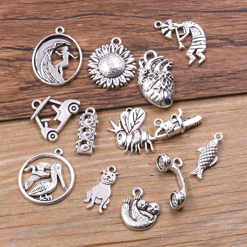 10PCS 13 Style Animals Plants Charms Fish Car Bee Pendant Jewelry Metal Alloy DIY Necklace Bracelet Earrings Handwork Marking