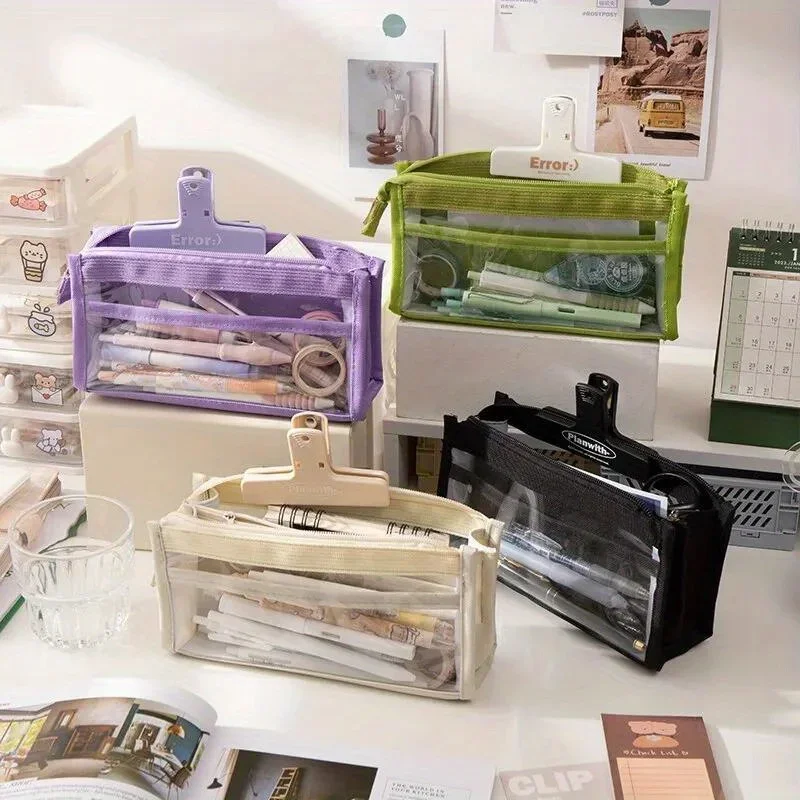 مقلمة ذات سعة كبيرة مكونة من ستة طبقات، لوازم قرطاسية عالية المظهر، حقيبة أدوات تخزين PVC شفافة #1
