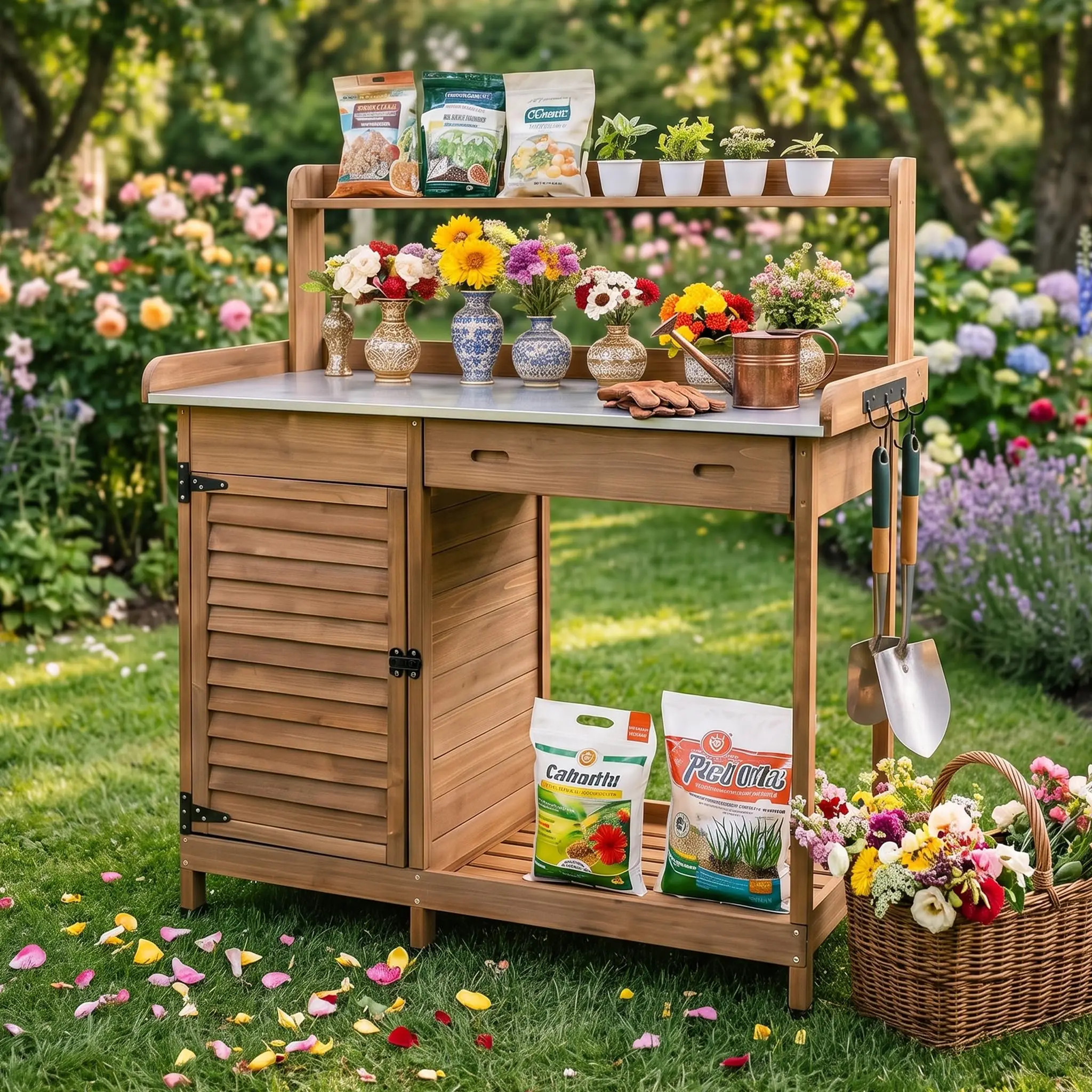 Outdoor Potting Bench Table, Wooden Weatherproof Garden Work Station with Sliding Drawer, Metal Table Top, Metal Hooks