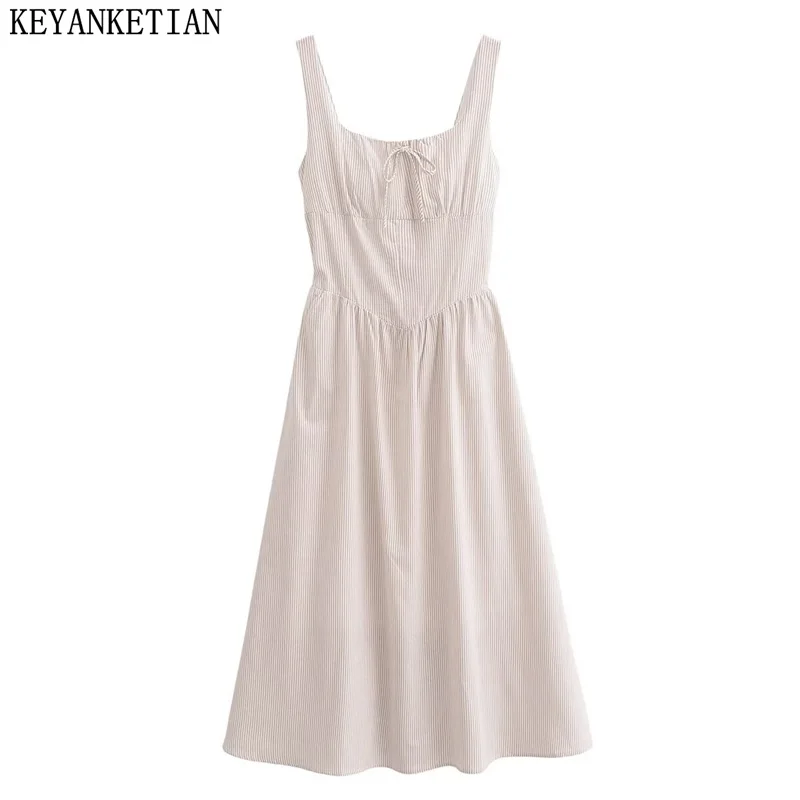 

KEYANKETIAN 2024 New Launch Women's Linen Sleeveless Striped Dress Bow Decoration Back Zipper Pockets Simply A-line MIDI Dress