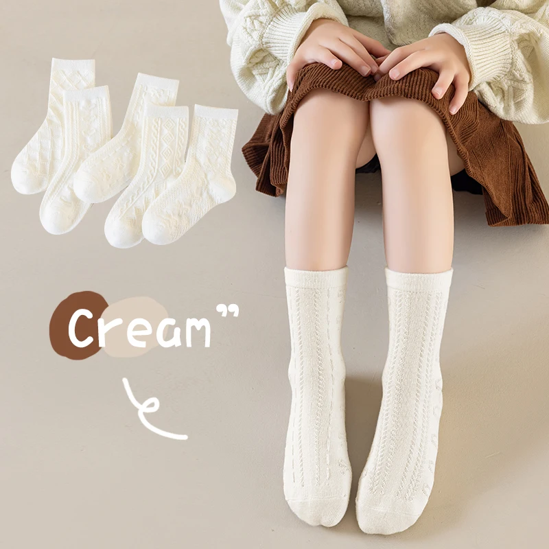 

Girls' milk white mid tube socks Spring and Autumn children's cotton socks Kids Four Season Socks