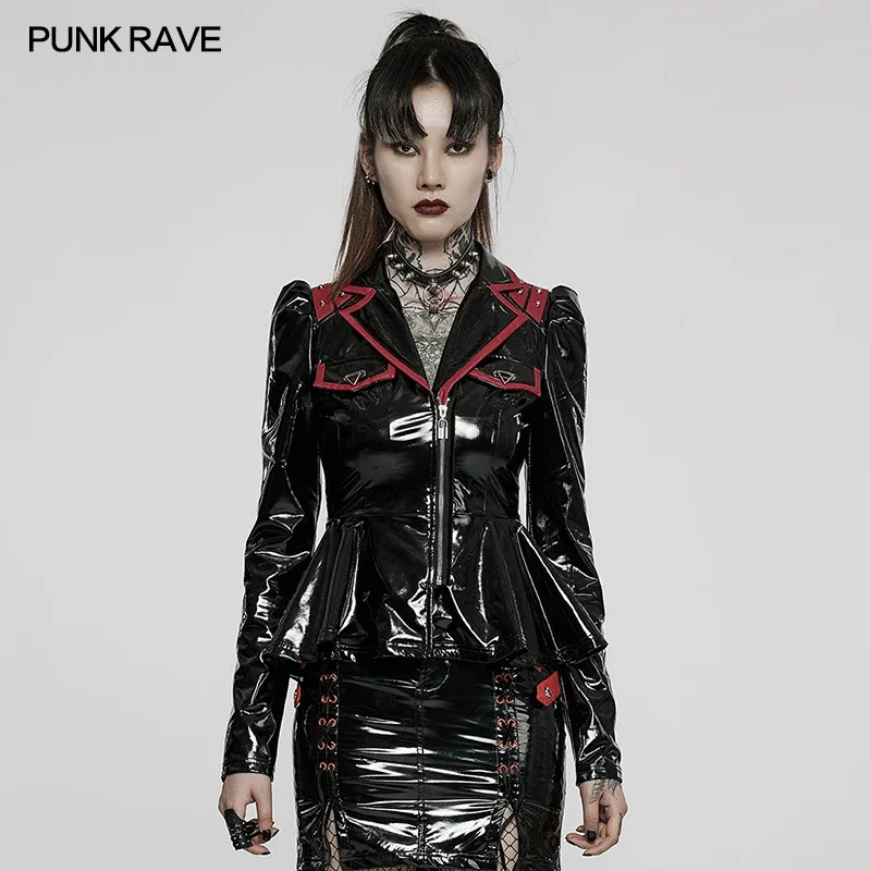 

PUNK RAVE Women's Gothic Sexy Patent Leather Jacket Pocket Decoration Punk Handsome Cool Club Pleats Hem Women Coat