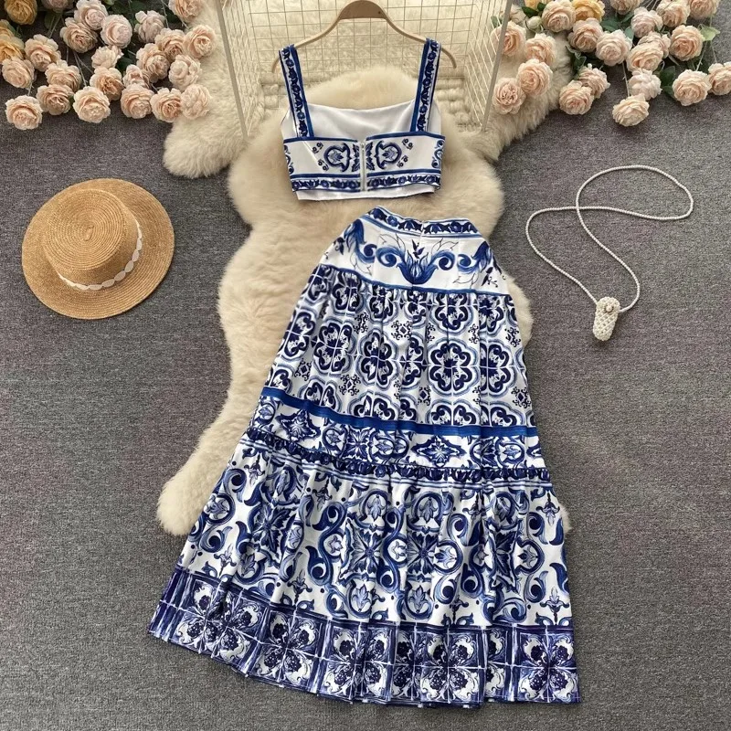 Conjunto de duas peças de porcelana azul e branca para mulheres, top curto estampado, saia maxi de praia para férias, A516