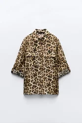 Women's Animal Print Shirt Lapel Long Sleeves Flap Patch Pockets Button Closure Leopard Blouse Top Fall New Female Fashion Shirt