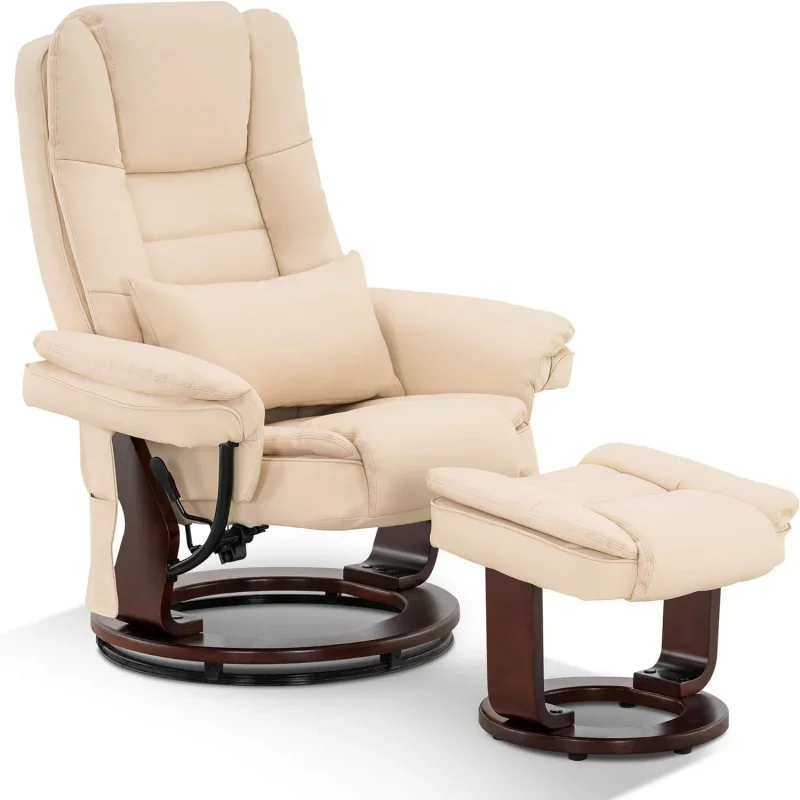 Recliner with Ottoman Chair Accent Recliner Chair Removable Lumbar Pillow, 360 Degree Swivel Wood Base Faux Leather (Cream White