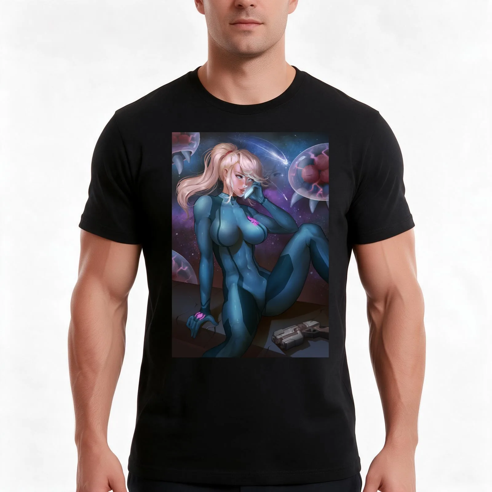Samus Aran T-Shirt, Summer Casual Cotton Tee, Oversized Streetwear Tops, Vintage Graphic Print, Loose Fit Short Sleeve