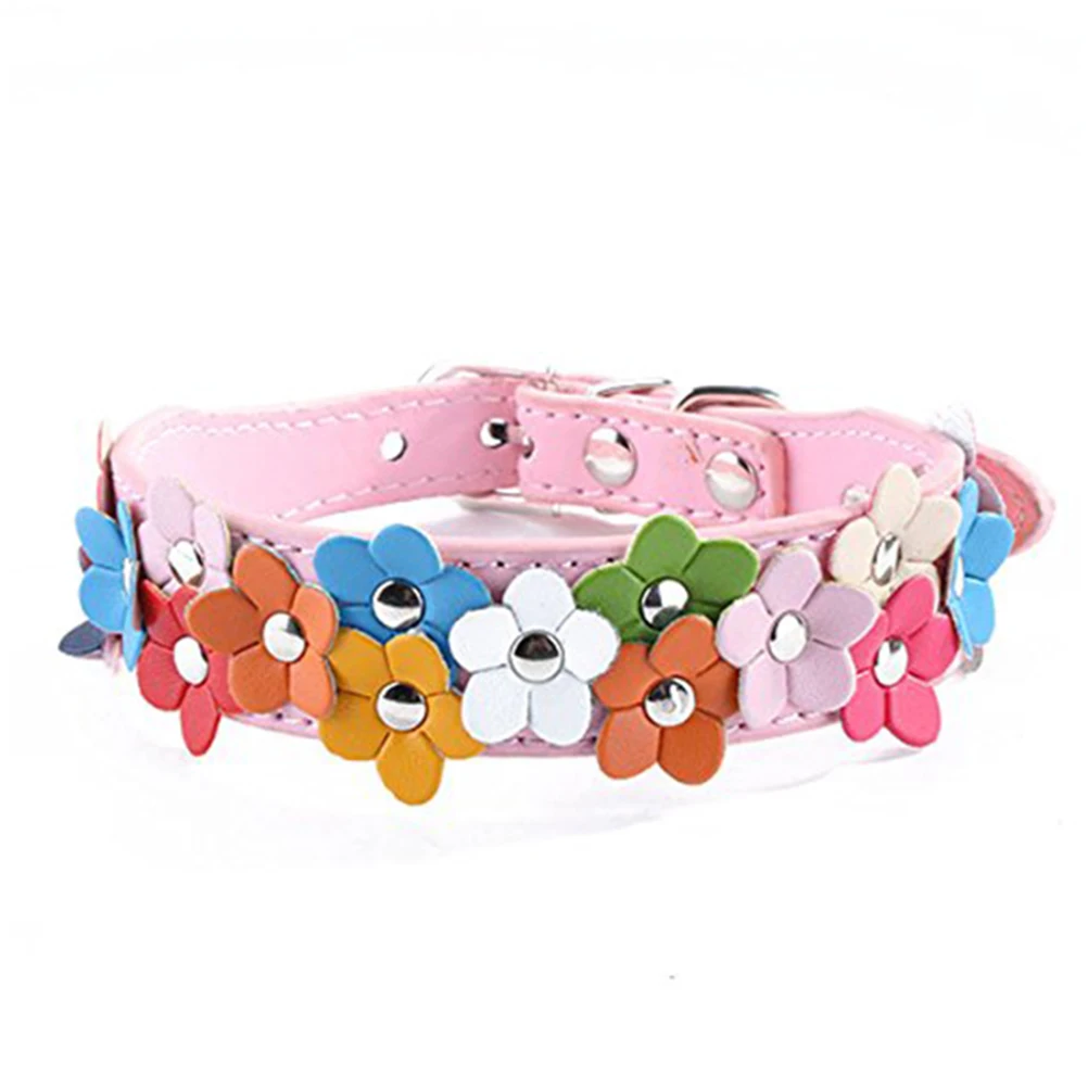 

PU Pet Collar Adjustable for Dog Cat Puppy S 25x37cm Pink Flower Design Alloy Buckle D-Ring Leash Ready Lightweight