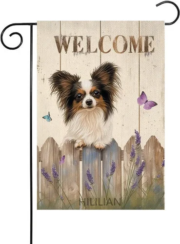 Papillon Welcome Spring Garden Flag 12X18 Double Sided, Burlap Small Lavender Ga OOV IIC