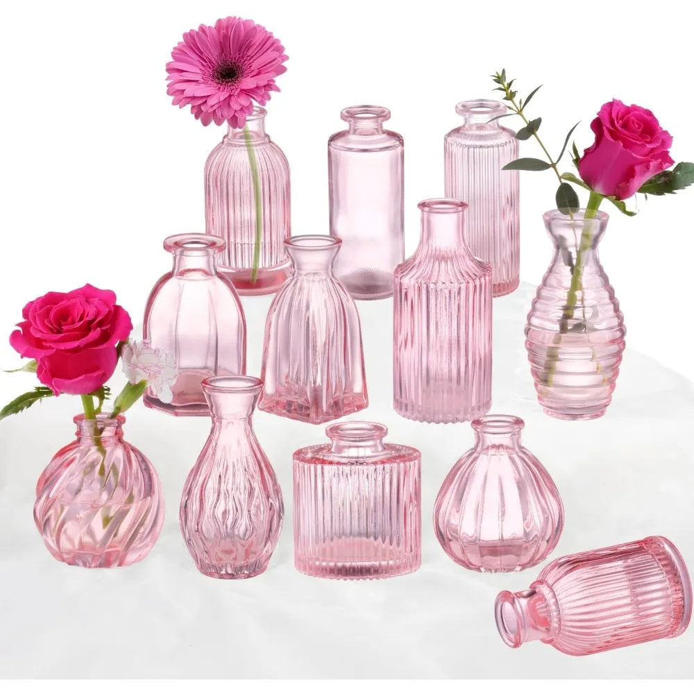 

Pink Vase, Bud Vases Set of 12, Small Pink Glass Vases for Flowers Modern Ribbed Glass Bud Vase for Decor Wedding Flower Vase