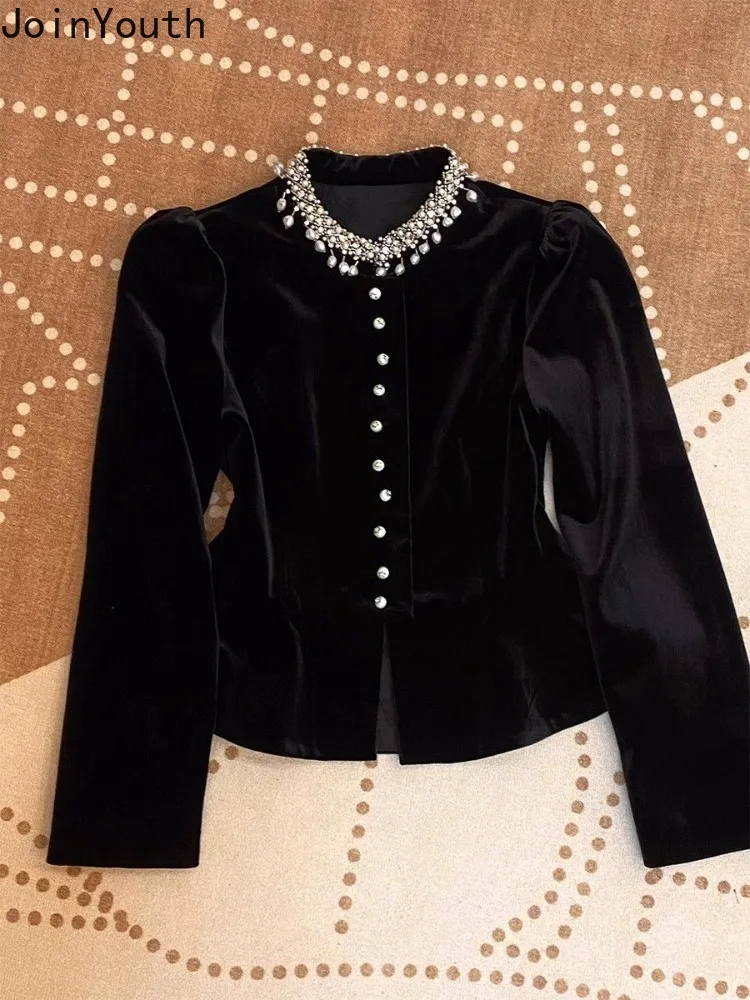 Blouses for Women Black Heavy Beading O-neck Puff Sleeve Shirts 2024 Blusas Mujer De Moda Slim Fit Velvet Vintage Blouse Tops