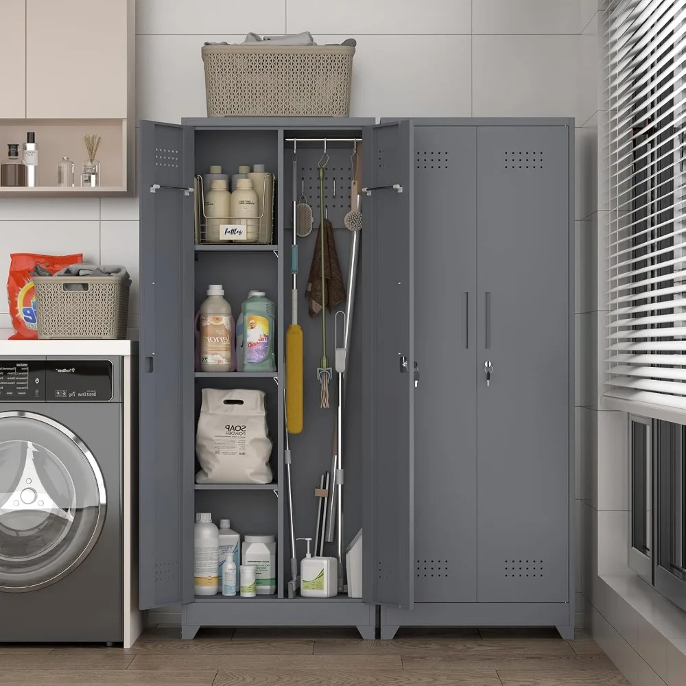 Utility Closet Cabinets with Locking Doors and Pegboard for Basement Laundry Room Storage Solutions