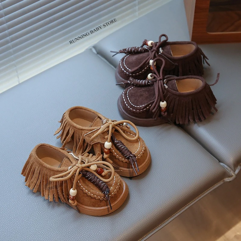 

Retro Gir'ls Tassel Suede Leather Shoes Spring Autumn New British Style Soft-soled Knot Beads Shoes Slip on Footwear