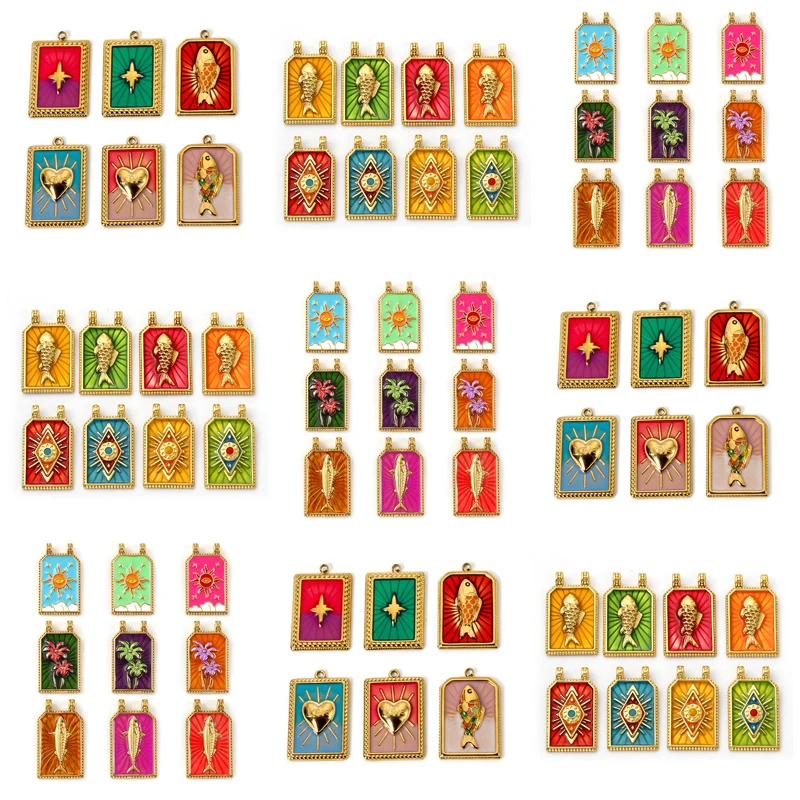 DoreenBeads Breloques Vintage en acier inoxydable, couleur or, multicolore, poisson, soleil, émail, pendentif hexagonal, collier à faire soi-même, résultats de bijoux pour femmes, 1 pièce