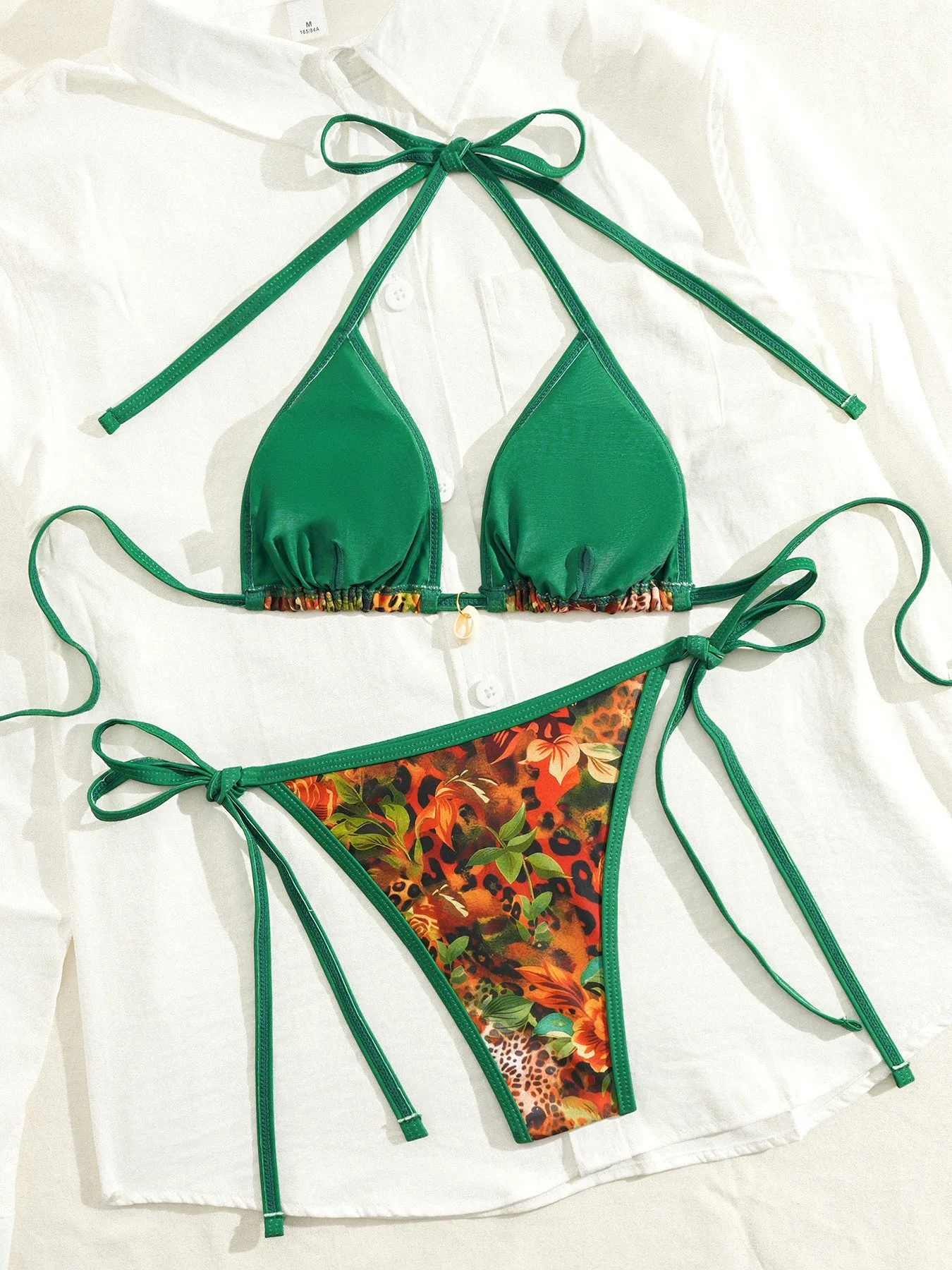 sexy leopard print patchwork shell bikinis sets two pieces halter back tie thong swimsuits bathing suit swimwear biquini tankini