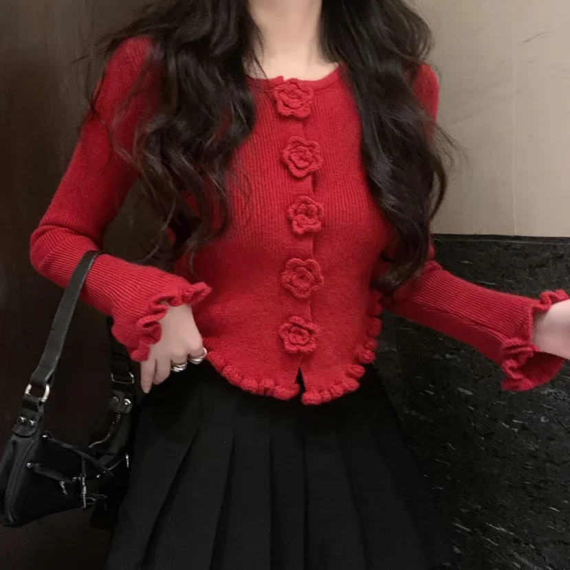 

Красный кардиган-свитер, куртка, женская осенне-зимняя одежда, женский трикотаж, новогодний красный 3D розовый деревянный женский модный повседневный женский топ