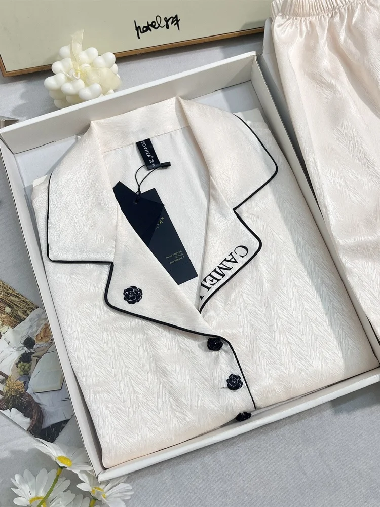 アイスシルクパジャマ-レディース-夏-半袖-ショートパンツ-3点セット-カメリア-高級ホームウェア-軽量-高級スタイル