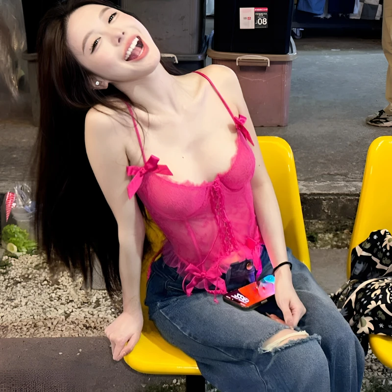 ฤดูร้อนเซ็กซี่ลูกไม้Bodycon PureสีCamisอเมริกันVINTAGE Vคอเสื้อแขนกุดY2k 2000s Evening PARTYเสื้อผ้า 2025 CHIC