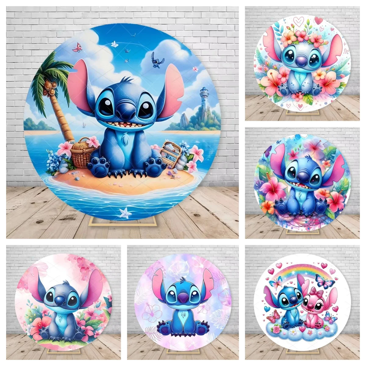 

Disney Lilo & Stitch Angel Round Backdrop for Girls Baby Shower Birthday Party Decoration Photography Backgrounds Covers Elastic