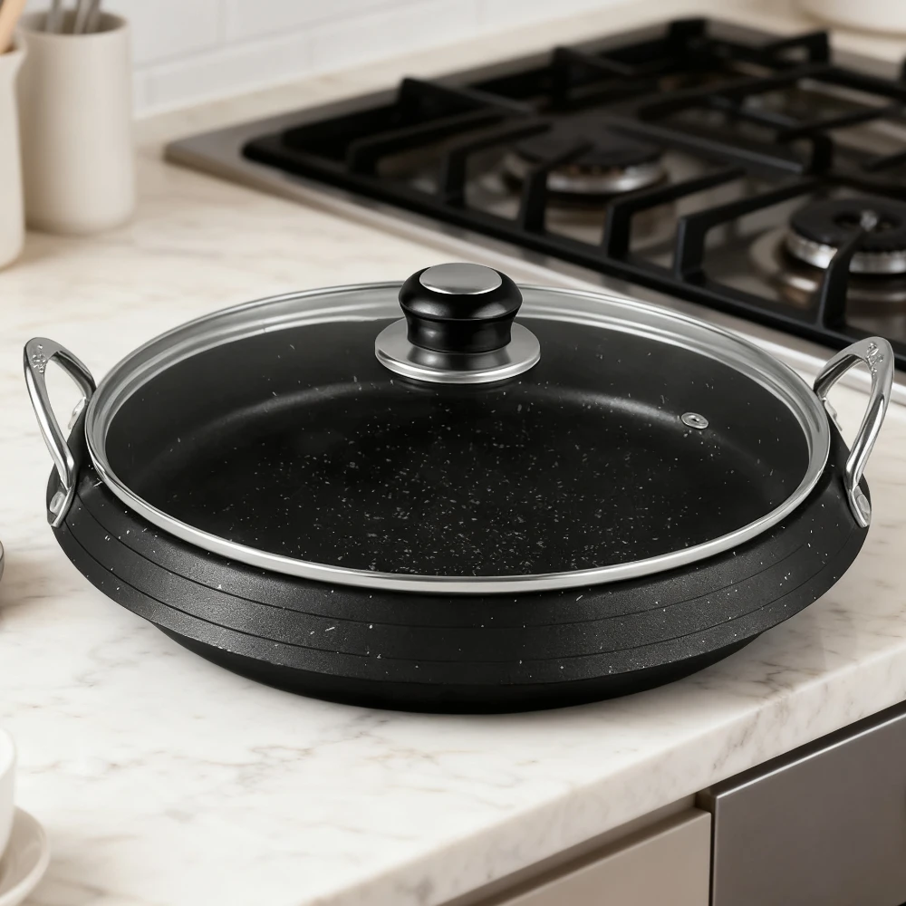 

KOSUN Double Ear Frying Pan with Cover Round Seafood Stew Pot Korean Style Nonstick Stir Fry Rice Cake Pot Kitchen Supplies