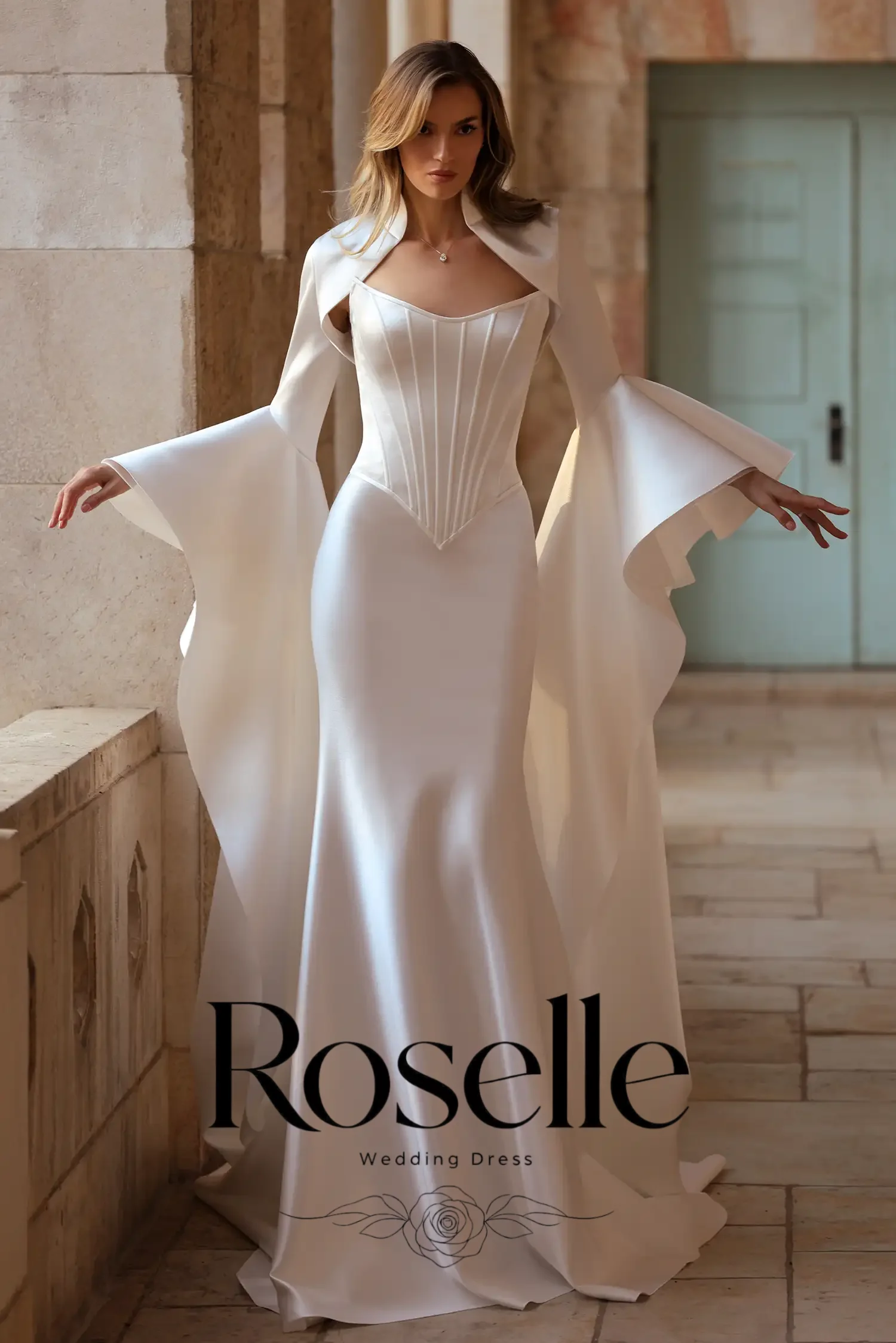 ROSELLE Modern V-Neck Mermaid Wedding Dress Detachable Jacket With Long Flare Sleeve 2026 Bridal Customized свадебное платье