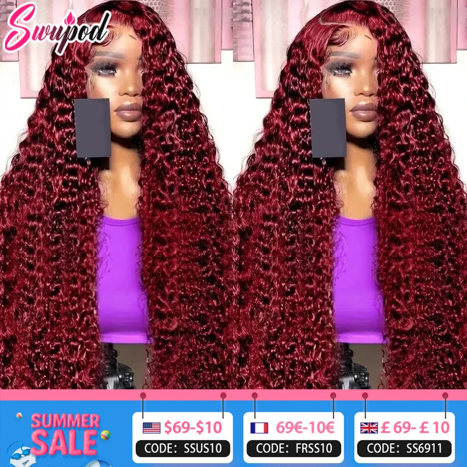 

40 inch13x6 Deep Wave Frontal Wigs Human Hair Hd Transparent 99j Burgundy 13x4 Front Wig Red Colored Kinky Curly 4x4 Glueless