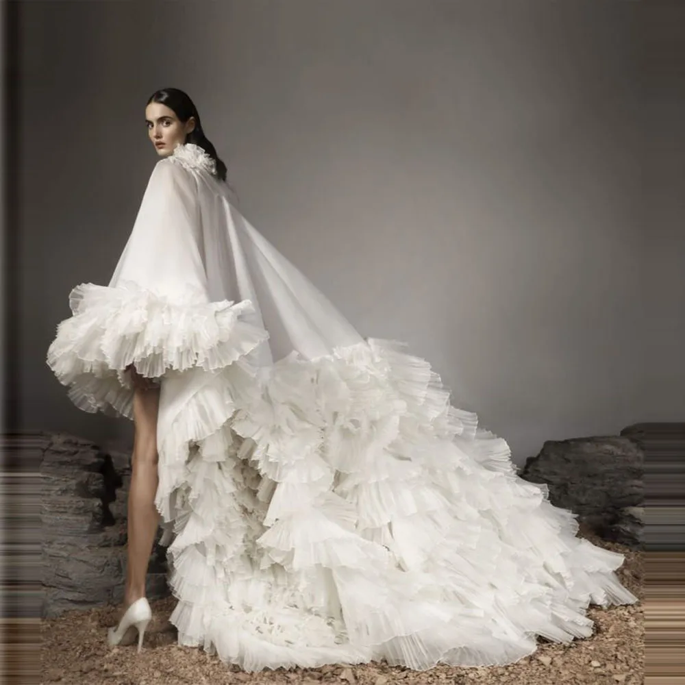 Puffy chique alta baixa vestidos com capa em camadas babados feminino ocasião especial vestido de noiva