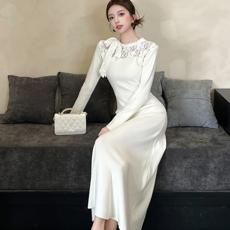 Korean Fall Winter Elegant Dress Women Jacquard Patchwork Solid Slim Dress Lace Knit Sweet Long Sleeve Party Evening Vestidos