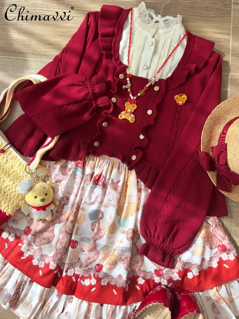 

Lolita Short Sweater Cardigan Autumn and Winter New Fashion Retro Long Sleeve Elegant Knitted Soft Girl Cute Womens Coat