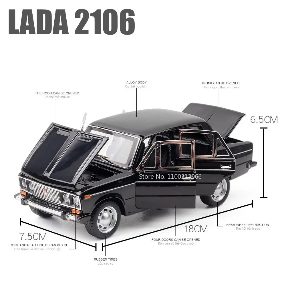 1:24 LADA 2106 Miniaturowy model zabawki Vintage Car Alloy Die-casting 6 drzwi Otwarte dźwięk Światło Pull Back Symulacja pojazdu Prezent