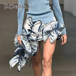 TWOTWINSTYLE Irregular Denim Skirts For Women High Waist Patchwork Ruffles Temperament Slimming Skirt Female Fashion Style Nwe