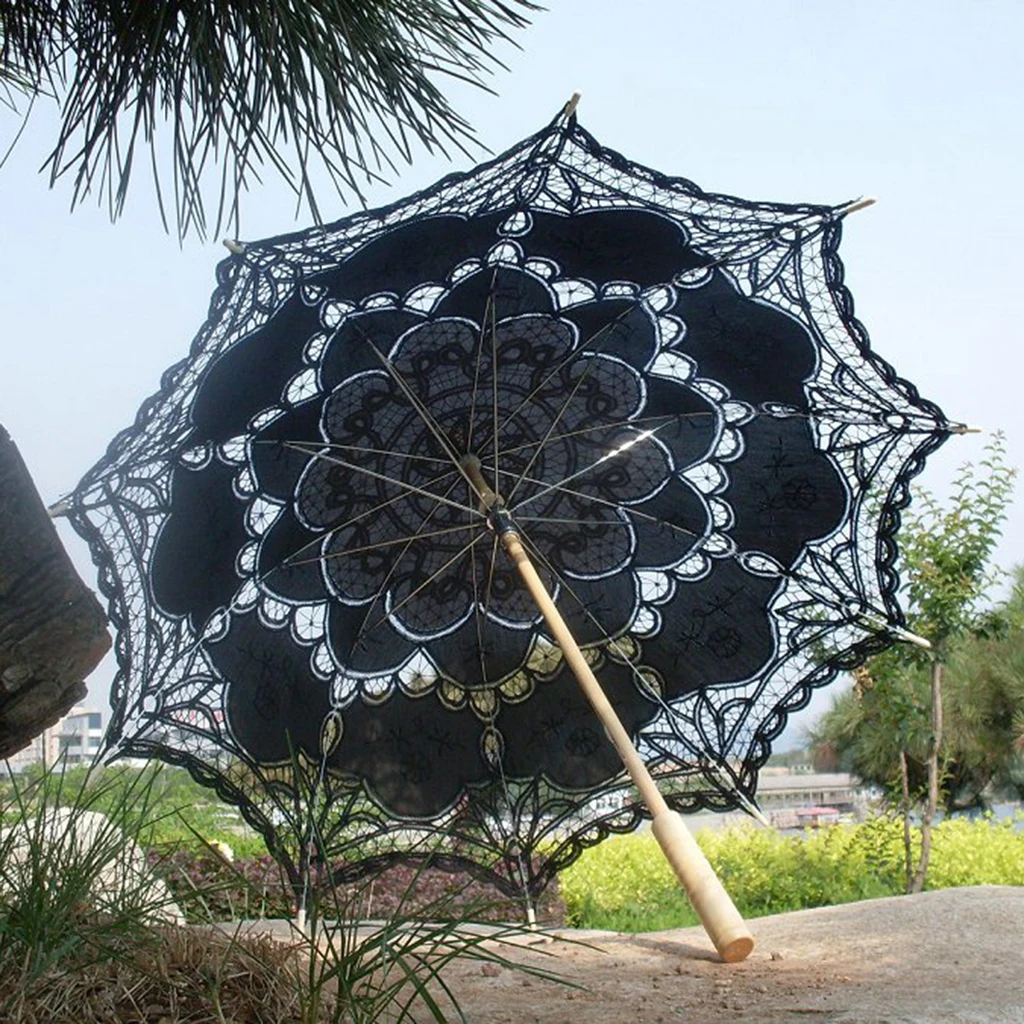 Wedding Party Black Floral Lace Parasol Photo Props Vintage Victorian Umbrella for Bridal Shower Accessory