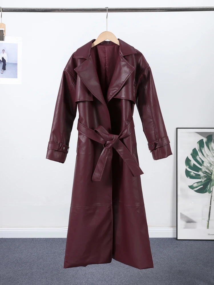 Pouliční pu kožená dámská dlouhá bunda Y2K s pevným páskem a klopou, kapsou a dlouhým rukávem, dámská bunda 2025, podzimní a zimní dámská svrchní prádlo - náhled 6