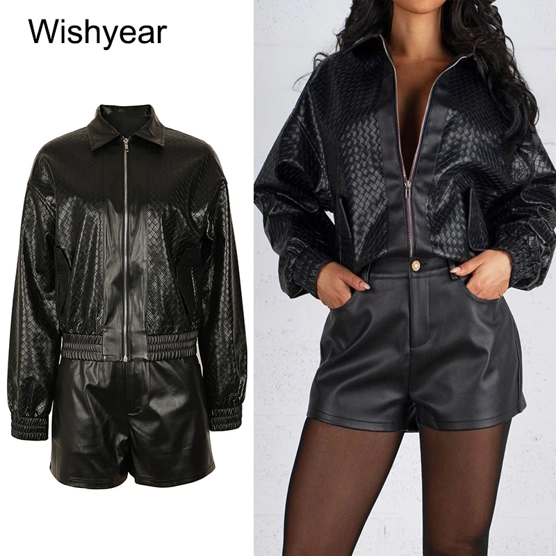 

Модная осенне-зимняя куртка на молнии с длинными рукавами, топ и шорты, комплекты из двух предметов, женская уличная одежда из искусственной кожи, наряды для отпуска и вечеринки