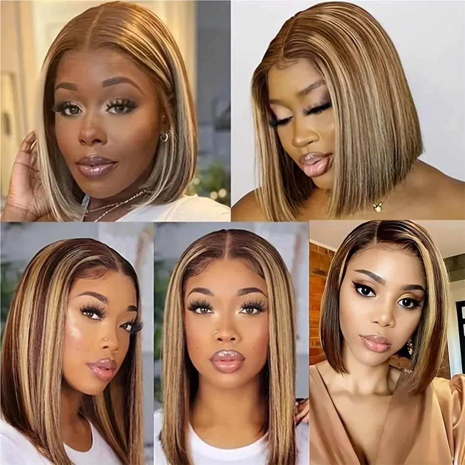 180 Density Highlight Blonde Straight Short Bob Wig Transparent Lace Frontal Human Hair Wigs For Women Highlight 13x4 Lace Wig