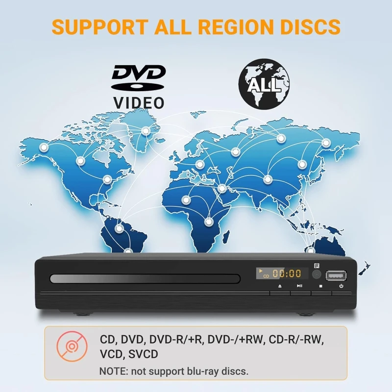 1080P Home DVD Player Box for TV Home Theater, All Region Free DVD CD-Discs Players AV-Output with Remote Control Player Box