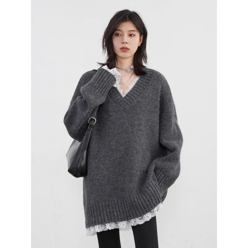 

Winter New Style Simple Collar Lace Trim Splicing Knitwear Mid-Length Ultra-Sleeve Long Sleeve Sweater for Women