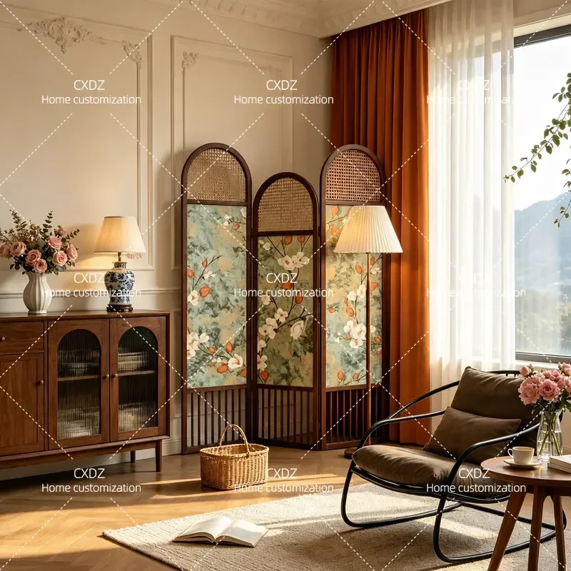 French Retro Rattan Folding Screen Partition Flower Design Mobile Room Divider for Living Room Entrance Homestay Antique