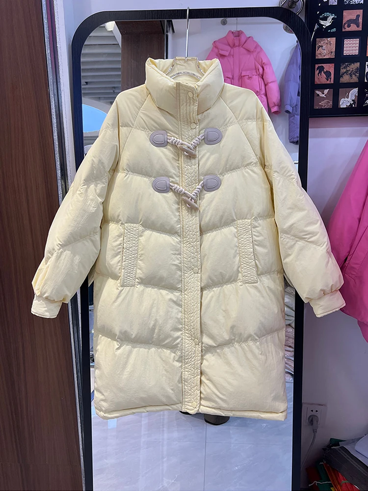 

Winter Horn Button Stand Collar Long Down Jacket Women White Duck Down Medium Length Outwears Female Thicken Warm Parker Jacket