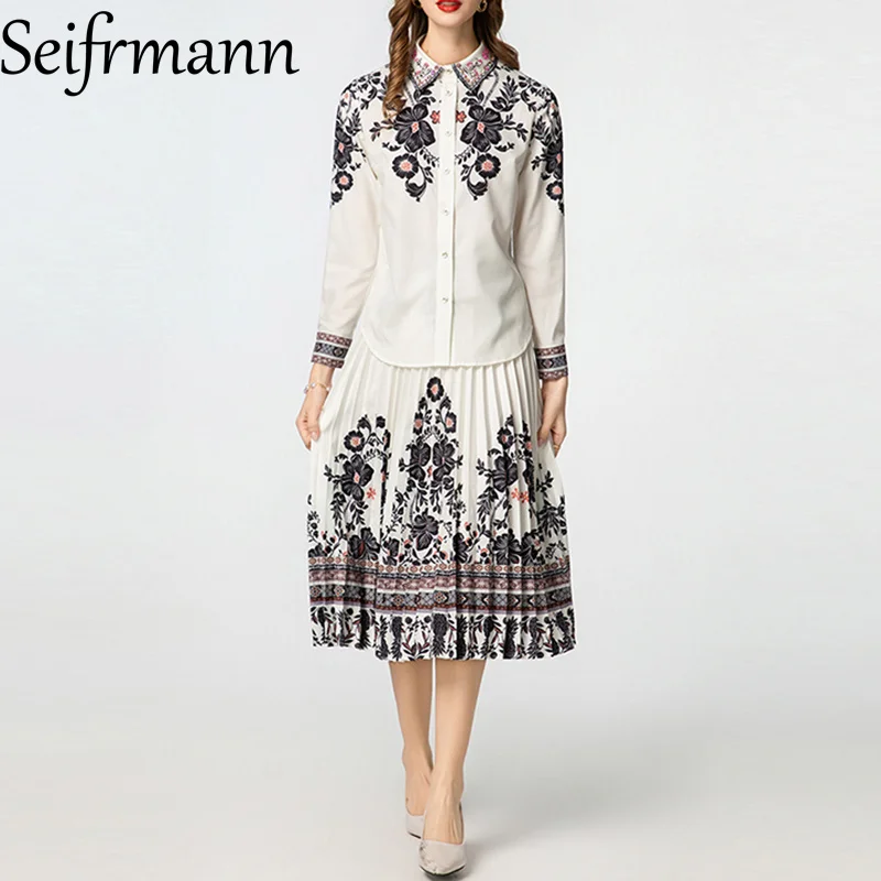 

Seifrmann Fashion design Women's Simple Suit Turn-Down Collar Single Breasted Tops+Casual Pleated Skirt Print 2-piece set