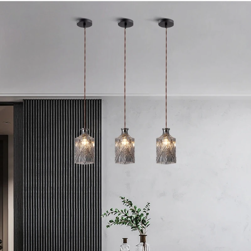 Nordic Minimalist Clear Glass Antique Bottles LED Pendant Lights Luster Hanging Lamps for Living Room Home Decoration Chandelier