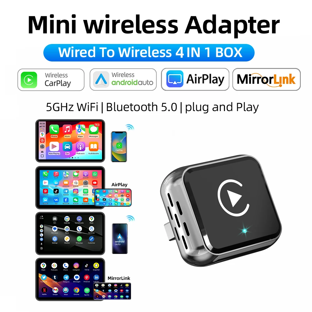 

Беспроводной адаптер 4-в-1 для Apple CarPlay, AirPlay, Android Auto и Mirrolink с Bluetooth, подключаемый через вентиляционное отверстие, Plug & Play
