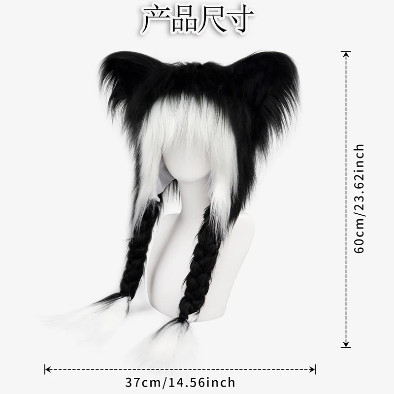 斬新な動物帽子 赤黒 コスプレ 猫耳ぬいぐるみ帽子 編み込み付き 暖かいふわふわ耳当て付き ヘッドウェア Y2K アニメアクセサリー帽子