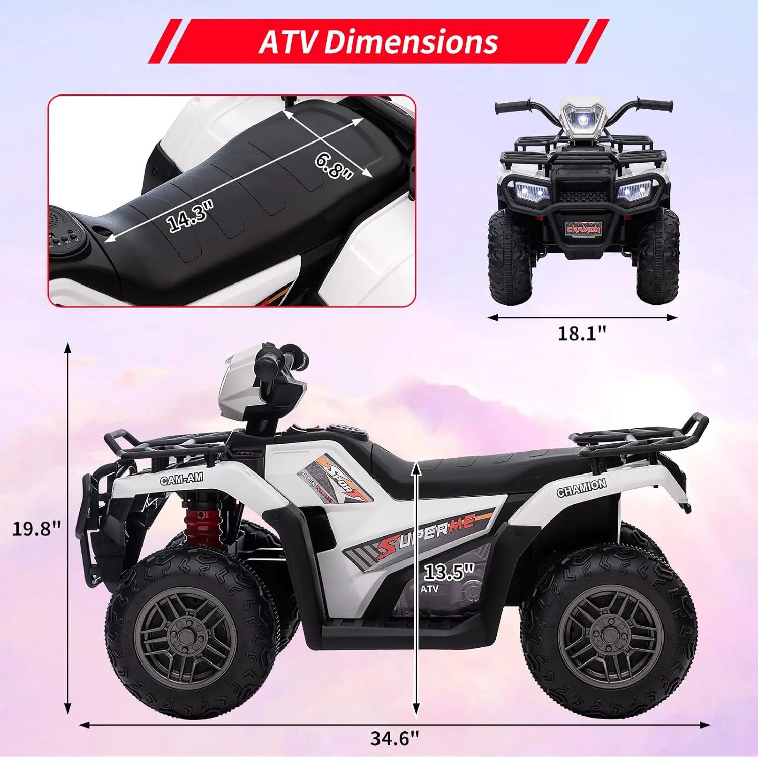 12V paseo en ATV para niños pequeños vehículo eléctrico alto/bajo 2,2 mph velocidad de seguridad luz LED, música, USB para niños niñas regalo blanco