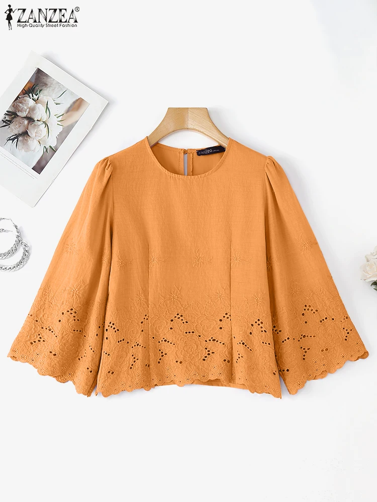 

ZANZEA omen Lace Blouse Casual Loose Tops W2025 Summer Hollow Out Blusas Fashion Pullover Oversized Solid Color Tunic