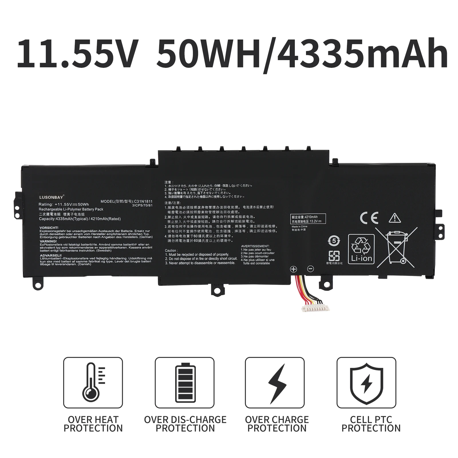 LUNSONBAY 50WH C31N1811 Laptop Battery For ASUS ZenBook 14 UX433F UX433FA-A5046R 0B200-03080000 For ASUS BX433FN UX433FN-2S