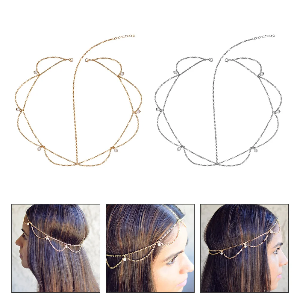 

2 Pcs Bohemian Headband Holiday Headdress Bridal Tassel Wedding Headpiece Alloy Crown Hair Accessories Pearl Garland