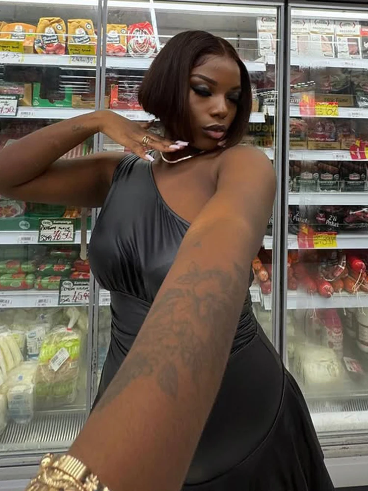 فستان منتصف الليل مثير غريب للنساء بكتف واحد وياقة منحرفة بدون أكمام مكشكش هوتي محب قابل للتمدد ملابس نادي الشارع النحيفة #3