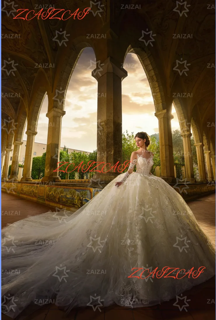 

Customized Luxury Prints Puffy Ball Gown Wedding Dresses Beading Embroidery Lace Full Sleeves Royal Train Bridal Gowns For Women