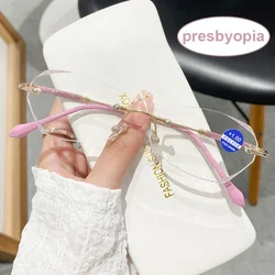 Ladies Blue Light Blocking Reading Glasses Diamond Cutting Rimless Far Sight Eyeglasses Finished Hyperopia Presbyopic Eyewear